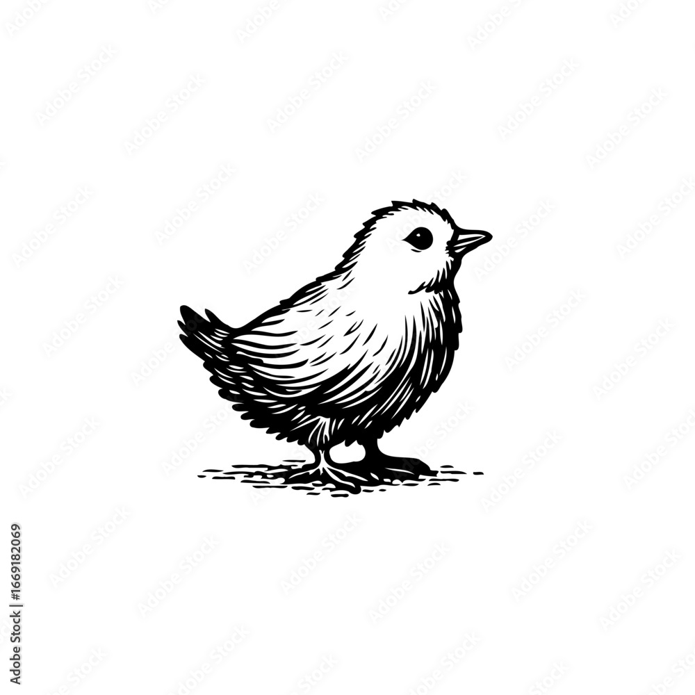 Fototapeta premium Monochrome depiction of a young bird standing still and looking ahead, hand drawn etching style
