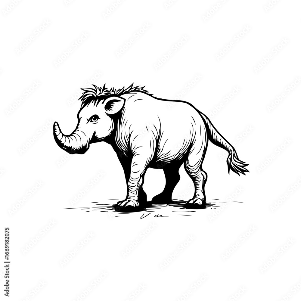 Fototapeta premium Monochrome depiction of a unique hybrid creature evoking ancient mammal characteristics showing