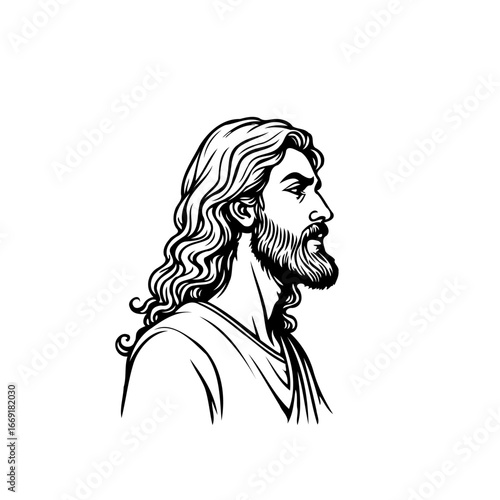 Monochrome depiction features bearded man with wavy hair looking aside captured from a side