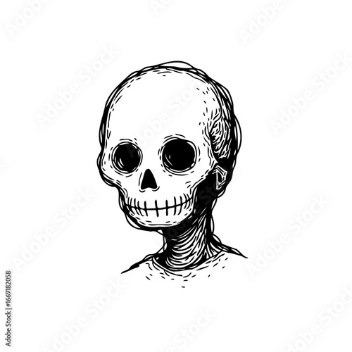 Monochrome depiction of a skeletal visage rendered with nuanced linework hinting at mortality and