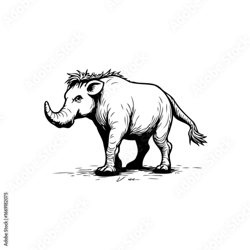 Monochrome depiction of a unique hybrid creature evoking ancient mammal characteristics showing