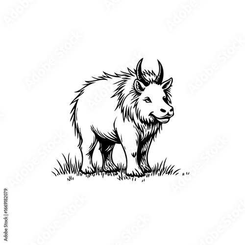 Monochrome depiction of a mythical horned animal standing on grassy terrain providing unique