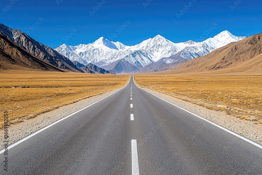 Fototapeta premium Asphalt Path to Majestic Snow-Capped Peaks
