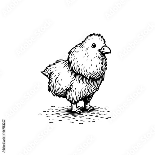 Monochrome illustration of a fluffy chick standing firmly showcasing its delicate form and