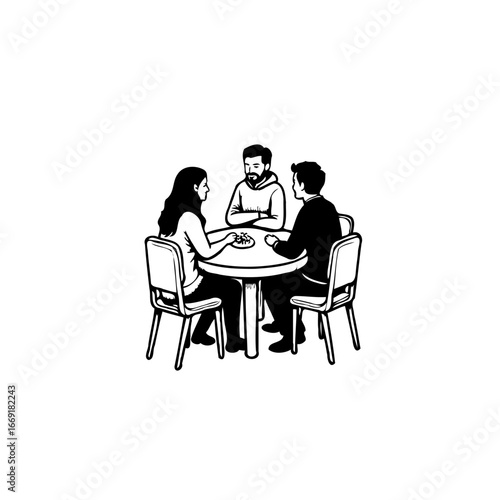 Monochrome illustration portraying three people engaged in conversation around a circular table