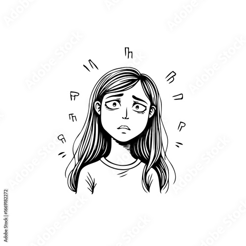 Monochrome portrait conveying psychological distress through expressive linework and surrounding