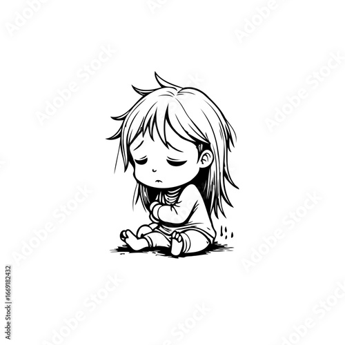 Monochrome stylized illustration portraying a child in a state of sorrow reflecting loneliness and
