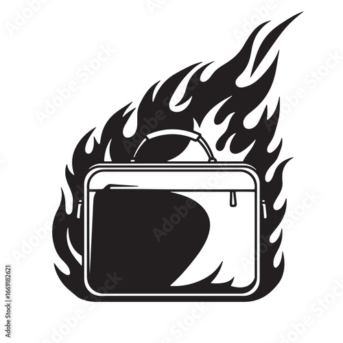 Burning briefcase concept illustrating overwork stress deadline pressure and business problems