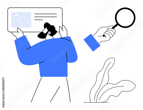 Man presenting interface screen, hand inspecting via magnifying glass, minimalistic style plant. Ideal for search analysis, user engagement, presentation, online browsing, investigation, interaction