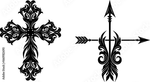 Set of Abstract Ornamental Cross and Arrow Silhouettes Decorative Elements
