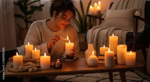 A woman lights candles in a cozy room, creating a warm and inviting atmosphere for relaxation and comfort. Perfect for relaxation.