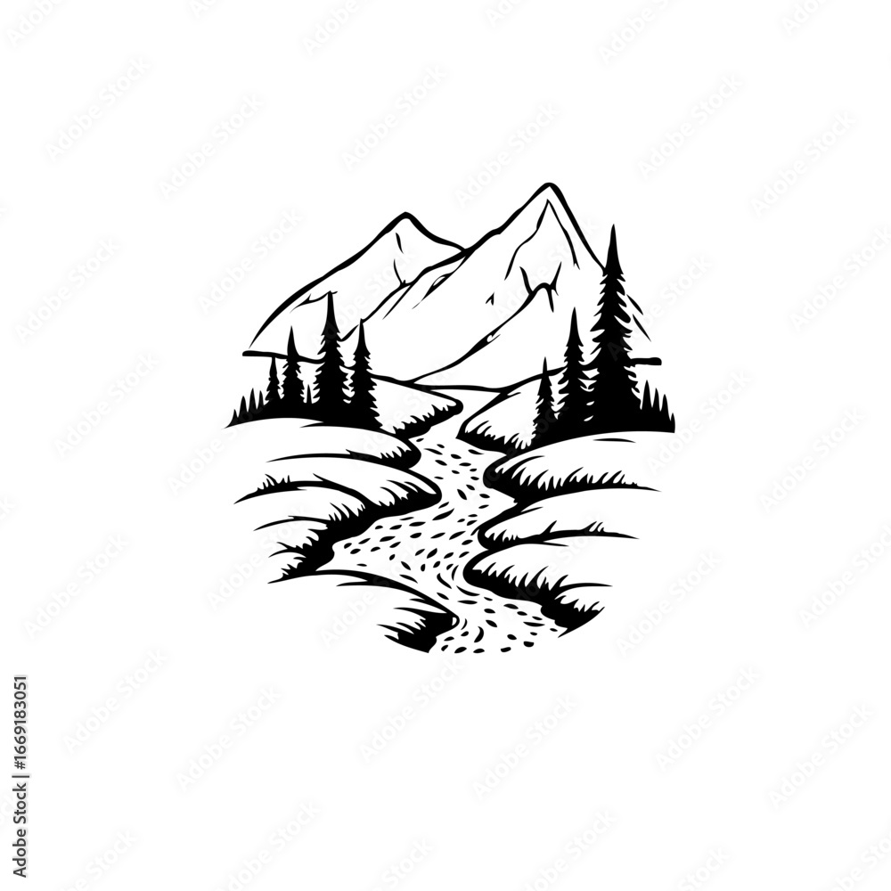 Fototapeta premium Serene mountain scene showcasing a winding river flowing through a lush forest landscape and