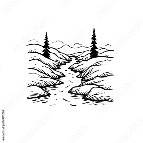 Scenic river valley vista illustration with mountainous backdrop and coniferous trees artfully