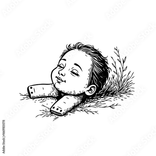 Serene slumber of a child in nature's embrace artistic monochrome depiction evoking peace and