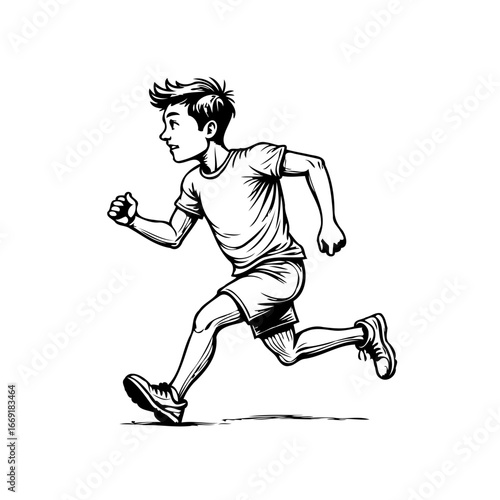 Sketch of a focused young boy with energetic movements running outdoors to maintain physical