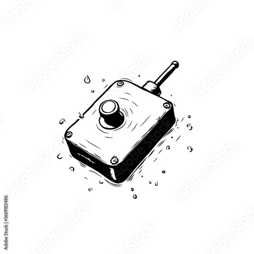 Sketch of a vintage control device featuring a push button and toggle switch, depicting simplicity
