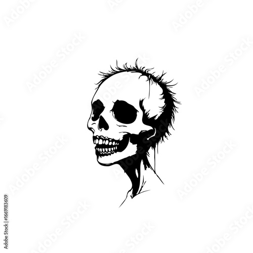 Striking skeletal head profile art depicts mortality confronting humanity offering thought