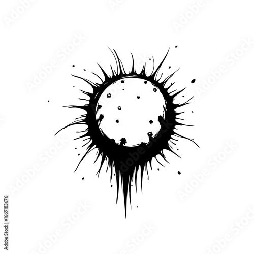 Stylized black celestial sphere with spiky corona emanating outward creating a captivating visual