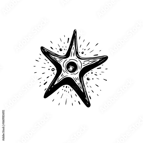 Stylized celestial navigation five pointed star with internal concentric circle design and radiant