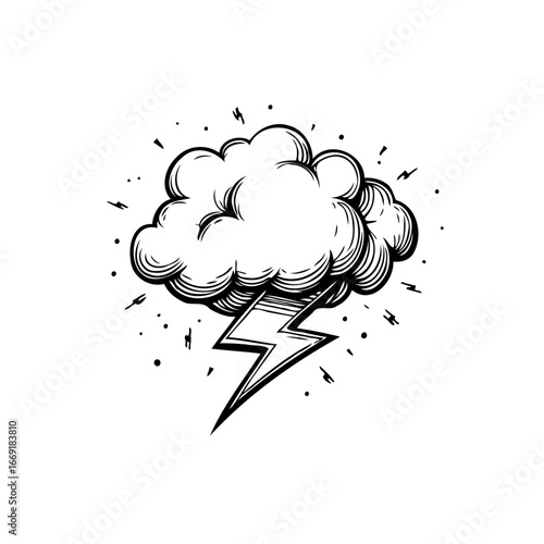 Stylized depiction of a cumulus cloud with lightning strikes emanating against a clean stark