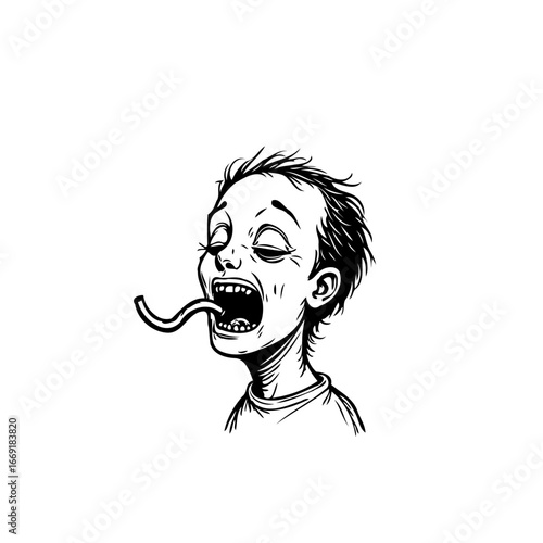 Stylized depiction of a young boy exhibiting exaggerated exhaustion with protruding tongue and