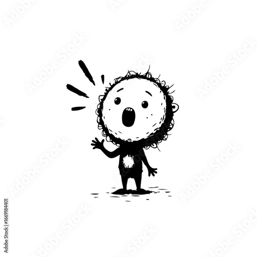 Surprised cartoon character with spiky hair and an open mouth in monochrome style design is isolated