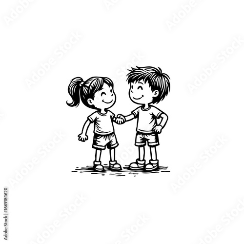 Two children hand in hand friendship concept representing childhood innocence togetherness harmony