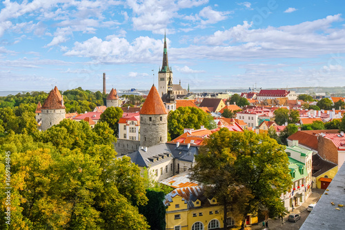 The medieval walled city of Tallinn, Estonia, with the Baltic Sea in the distance seen from Toompea Hill.