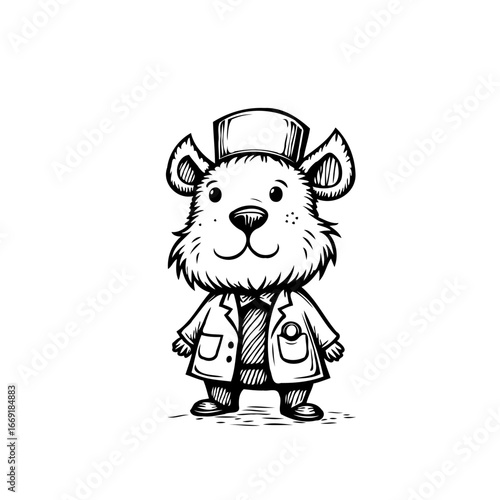 Whimsical bear doctor sketch with medical coat and cap offers friendly veterinary assistance