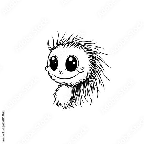 Whimsical creature with expressive eyes, fluffy texture, and a gentle smile evokes innocence and
