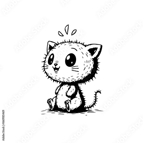 Whimsical feline illustration with adorable charm displaying innocence in a monochrome artistic