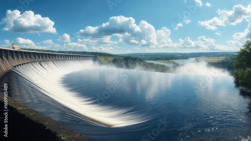 Dam releasing water on a sunny day