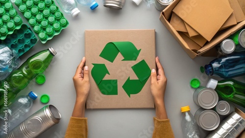 Hands Holding Recycled Materials Box with Recycle Symbol on Top
