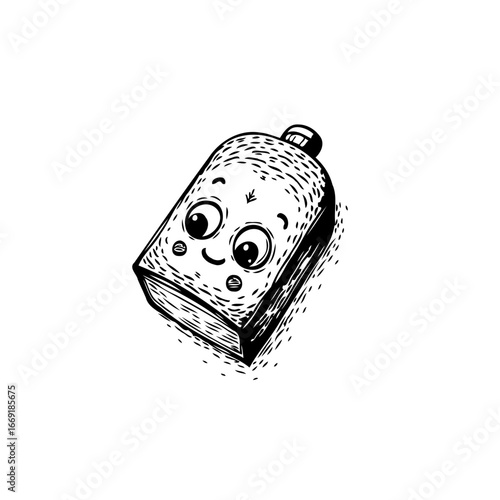Whimsical hand drawn bottle character with endearing expression offering childlike charm and