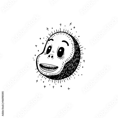 Whimsical illustrated visage with glowing aura presents a cartoonish character emitting radiant