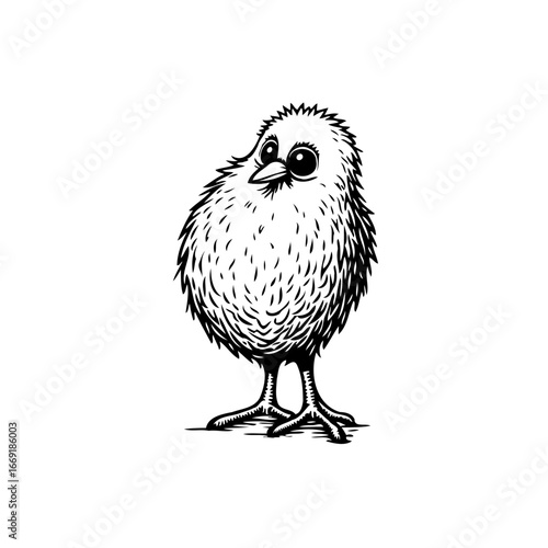 Whimsical monochrome chick illustration artful character design delicate texture playful line art