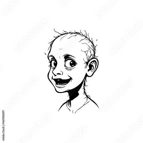 Whimsical monochrome portrait of a smiling character with distinct facial features in artistic