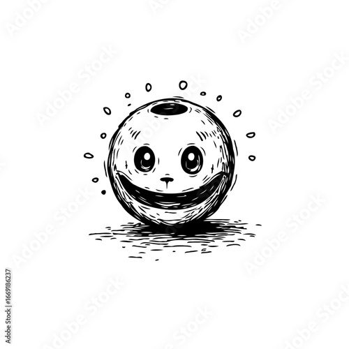 Whimsical sphere character with expressive smile illustration conveying joyful innocence and