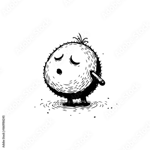 Whimsical spiky character contemplating in a puddle a playful melancholic digital sketch drawing