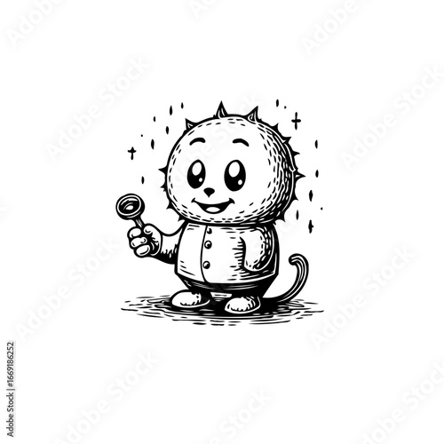 Whimsical spiky character exploring the world with a magnifying glass in vintage illustration style
