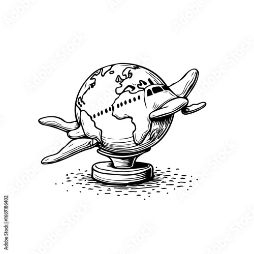 Whimsical world travel sketch depicting a globe airplane symbolizing exploration and wanderlust