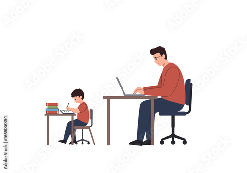 Father and Son Focused on Work and Studies.