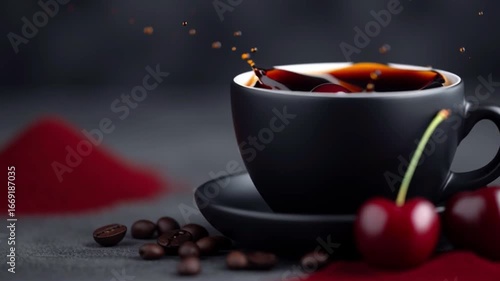 A cup of coffee with a cherry on top and some coffee grounds. The coffee is black and the cherry is red