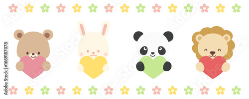 ハートを持つかわいい動物のイラストセット