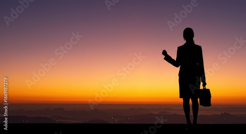 Silhouette of a businesswoman with a briefcase standing against a vibrant sunset sky, looking out at the horizon.