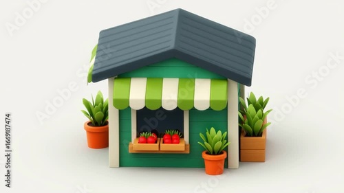 A green house with a green awning and a window with a potted plant in front of it