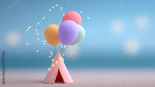 A small tent with a few balloons on top of it. The balloons are in different colors and are floating above the tent.