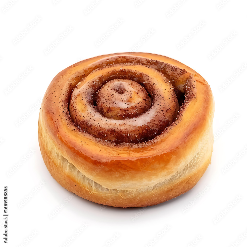 Fototapeta premium Golden Cinnamon Roll with Swirled Filling Isolated on White Background