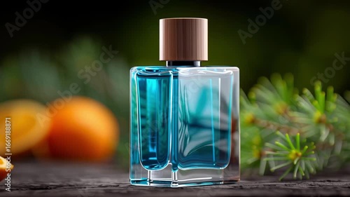A bottle of cologne sits on a table next to some oranges and pine needles. The bottle is blue and has a wooden cap.