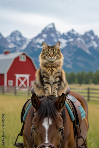 Fluffy tabby cat sitting on a horse in front of a red barn and mountains 